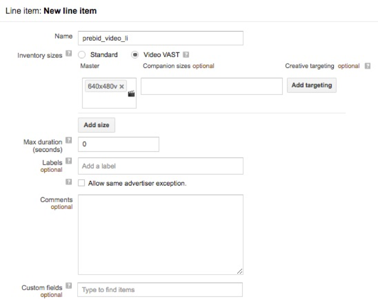 Google Ad Manager New Line Item